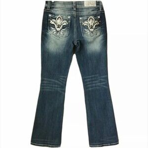 Miss Me Western Bootcut Jeans Blue Embellished Pocket Mid-Rise Easy 28